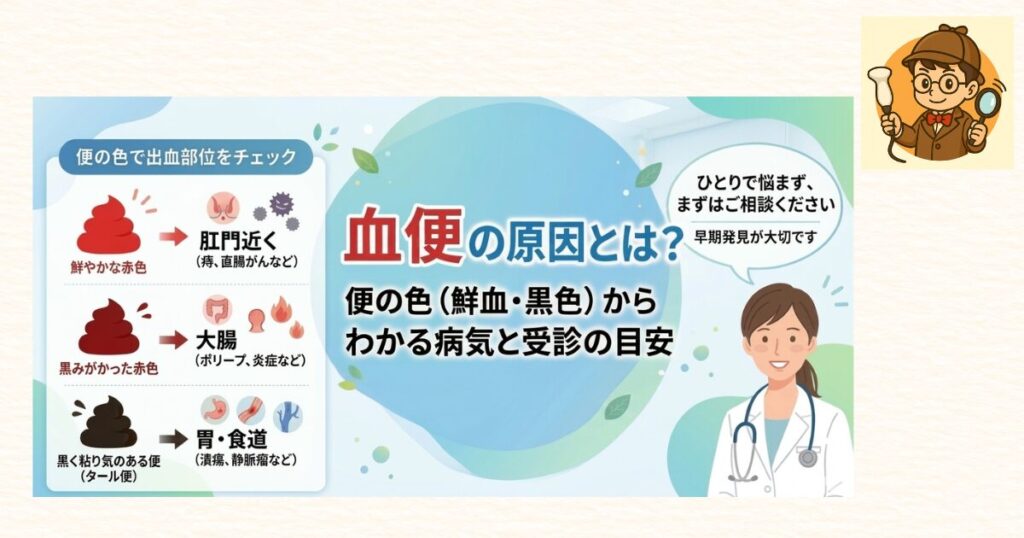 血便の原因と注意すべき症状|便の色(鮮血・黒色)からわかる病気と受診の目安 | 名探偵エコー